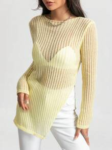 Flirla 分叉下摆镂空针织毛衣，无需内衣，秋冬针织套头衫 - 黃色 - 查看 4