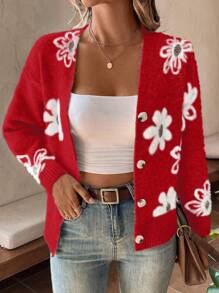 Chiquease Floral Pattern Button Front Cardigan For New Year Clothes - Red - View 6