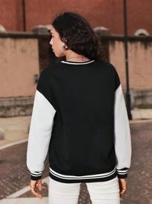 SHEIN Unity Letter Graphic Colourblock Drop Shoulder Sweatshirt - Black and White - View 2