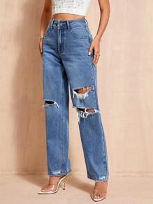 SHEIN BAE 高腰破洞直筒牛仔褲 - 深色水洗藍 - 查看 3