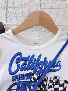 SHEIN Young Girl Car & Letter Graphic Tee & Pants & Bag - Blue - View 5