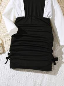 SHEIN Garota Jovem Dois Tons Ombro Frio Cordão Ao Lado Tubo 2 Em 1 Vestido