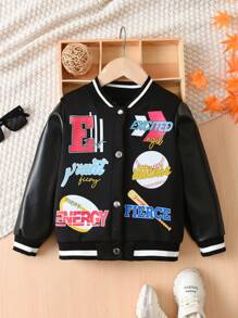 SHEIN 女小童字母圖案條紋飾邊學院風夾克 - 黑色 - 查看 1