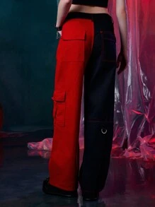 Harley Quinn | ROMWE Letter Graphic Colorblock Flap Pocket Jeans - Multicolor - View 2