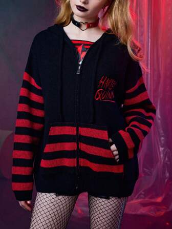 Harley Quinn | ROMWE Drop Shoulder Kapuzen Cardigan mit Streifen und Buchstabenmuster und Reißverschluss