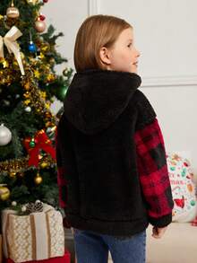 SHEIN 圣诞节女童水牛格纹袋鼠口袋落肩泰迪熊卫衣 - 黑色 - 查看 2