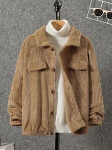 SHEIN Con trai Chi tiết về Flap Áo khoác vải nhung Không có áo len - Màu Khaki - Xem 5