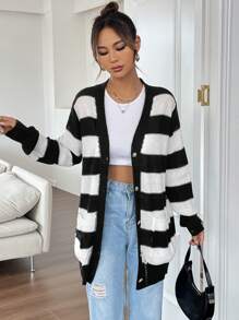 Flirla Two Tone Dual Pocket Cardigan - Black and White - View 5