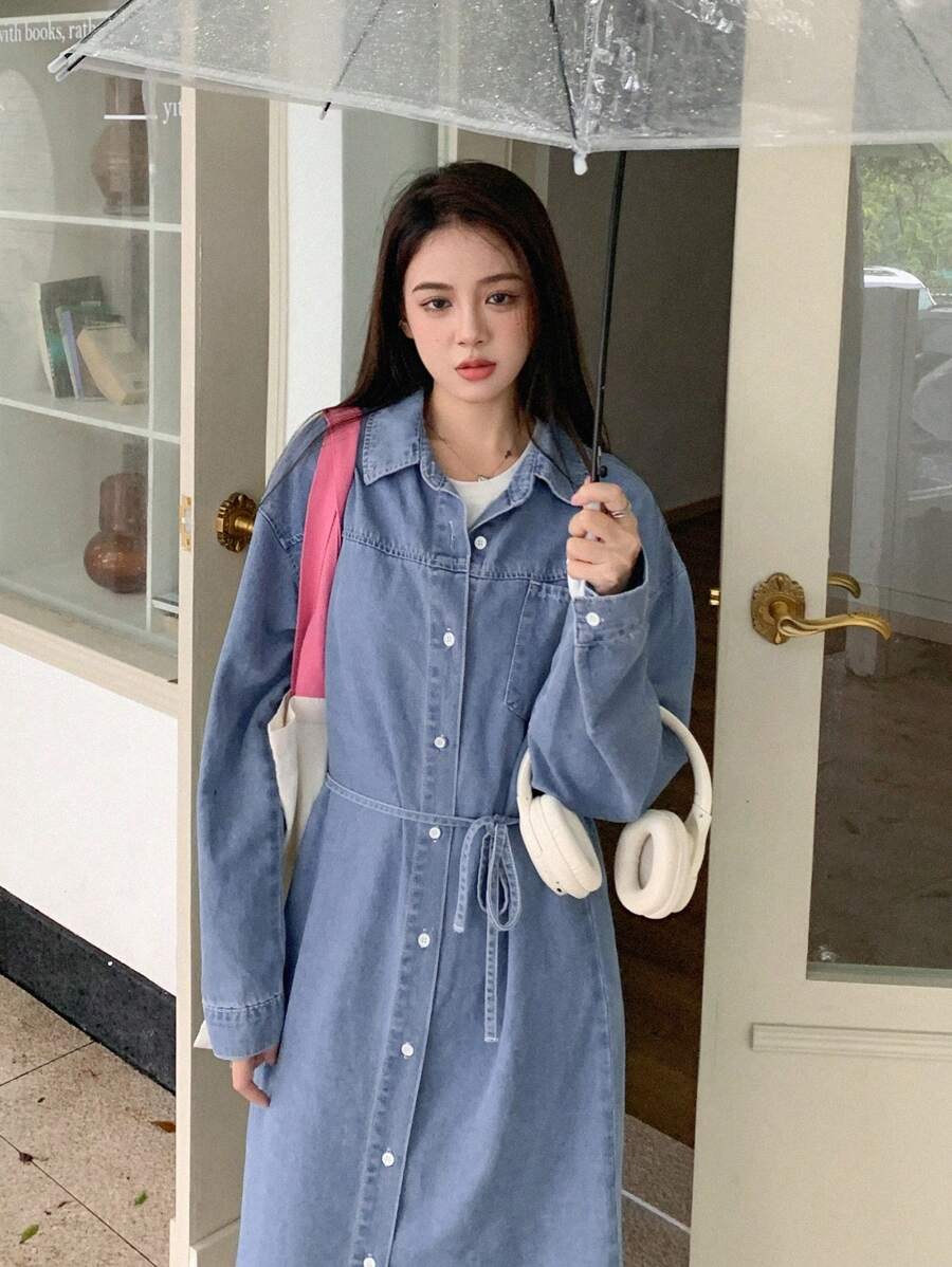 DAZY Solid Button Through Belted Denim Dress,Fall Clothes - Blue - View 1