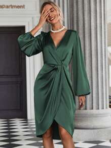 SHEIN Clasi Lantern Sleeve Wrap Hem Satin Dress Maxi Women Outfit Fall Cloth For Women - Dark Green - View 6
