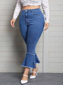 SHEIN Privé 大碼高腰毛邊緣牛仔喇叭褲 - 中等水洗藍 - 查看 4