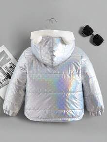Young Boy Holographic Letter Patched Detail 3D Ear Design Hooded Zipper Thermal Lined Padded Coat Without Sweater - Silver - View 2