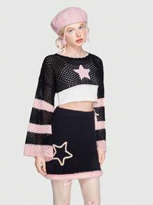 ROMWE Kawaii Hình sao Khối màu Áo len Crop - màu đen - Xem 4