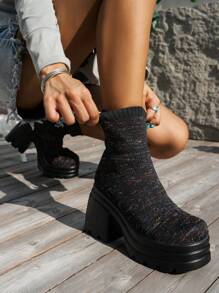 女性休閒針織高跟鞋厚鞋底時尚黑色彈性彈力靴 - 黑色 - 查看 4