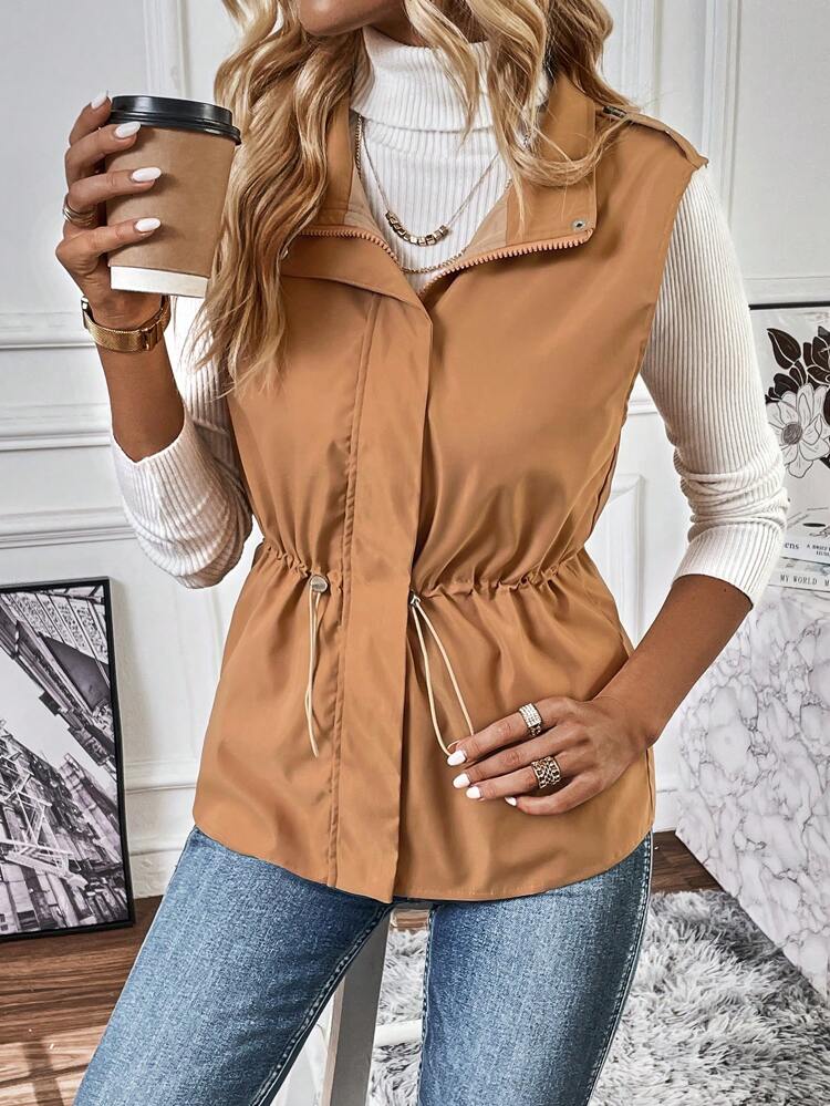 Drawstring Waist Zip Up Vest Coat