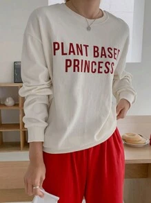 DAZY Áo nỉ hở vai in khẩu hiệu, Quần áo mùa thu - trắng - Xem 2