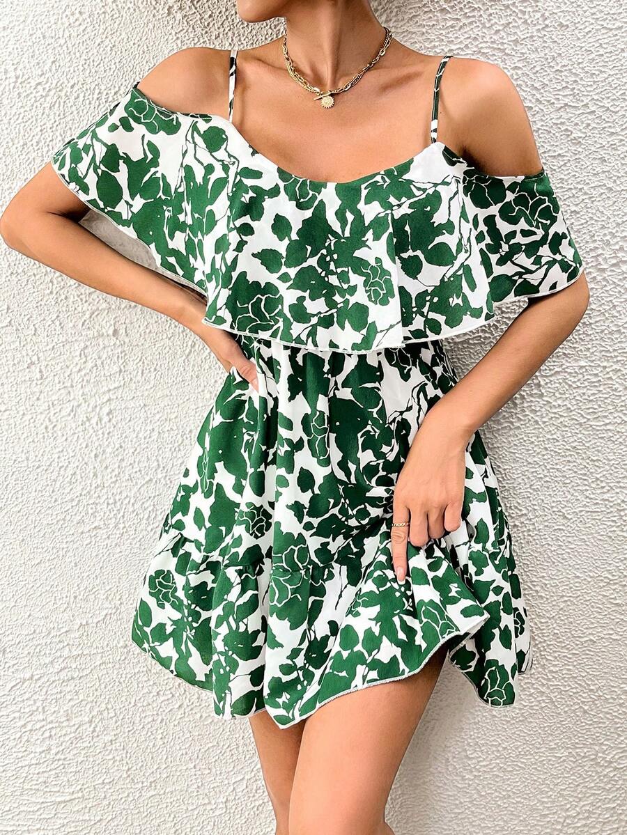SHEIN VCAY Floral Print Cold Shoulder Ruffle Trim Belted Dress - Green - View 1