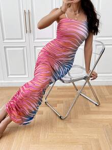 SHEIN Privé Allover Print Ruched Side Cami Bodycon Dress - Multicolor - View 5