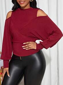 SHEIN Lady 挖肩燈籠袖T恤 - 酒紅色 - 查看 4