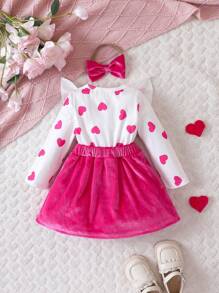 Baby Girl Heart Print Ruffle Trim Bow Front Ruffle Trim 2 In 1 Dress With Headband - Hot Pink - View 2