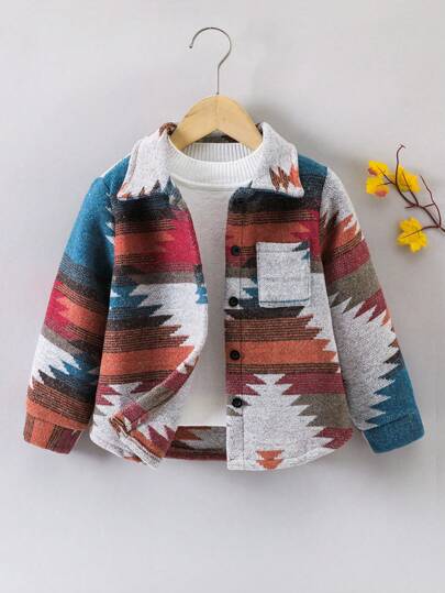 SHEIN Chico joven Abrigo con estampado geométrico con parche de bolsillo sin camiseta