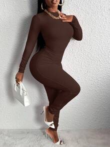 Slaydiva 素色小高領彈力緊身連體褲 - 咖啡棕 - 查看 4