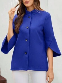 EMERY ROSE 小高領荷葉袖前紐扣花呢外套 - 藍色 - 查看 1