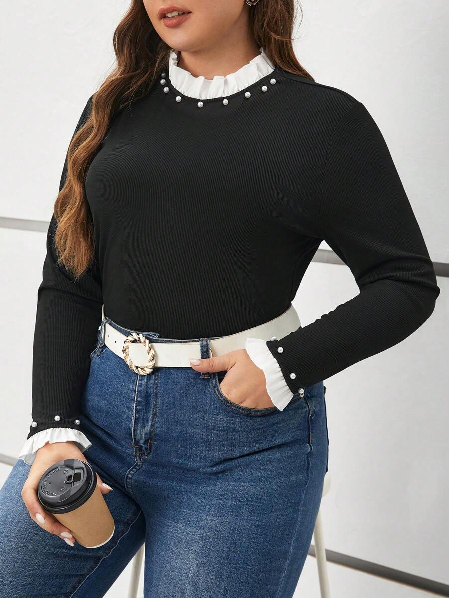 SHEIN Frenchy Plus Pearls Beaded Frill Trim Tee - Black - View 1