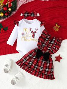 Đứa bé gái In Giáng sinh Áo liền quần chặt & In kẻ sọc Viền Ruffle Nơ mặt trước Đầm Tổng thể & Băng đô đầu - Đỏ và trắng - Xem 1