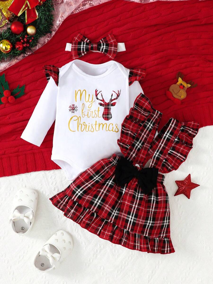 Đứa bé gái In Giáng sinh Áo liền quần chặt & In kẻ sọc Viền Ruffle Nơ mặt trước Đầm Tổng thể & Băng đô đầu - Đỏ và trắng - Xem 1