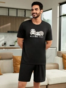 CoupledUp 1入組字母圖案睡衣T恤&1入組睡衣短褲休閒服套裝 - 黑色 - 查看 5