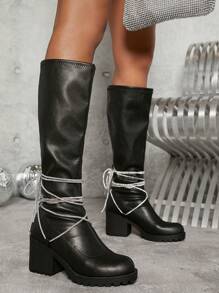SHUZIA Faux Leather Lace Up Design Block Heel Boots - Black - View 4