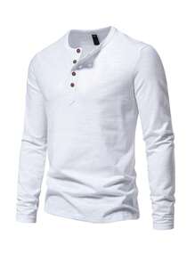 Men Half Button Tee - White - View 4