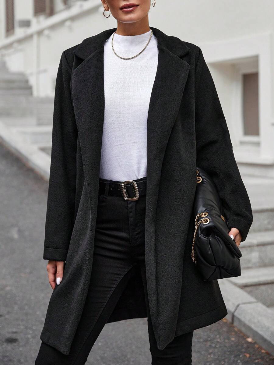 EURMUSE Abrigo de cuello con solapa con parte delantera abierta - Negro - Ver 1