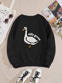 SHEIN EZwear Plus Cartoon And Letter Graphic Thermal Lined Sweatshirt - Black - View 1
