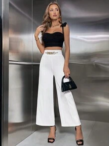SHEIN Privé Chain Detail Wide Leg Pants - White - View 5