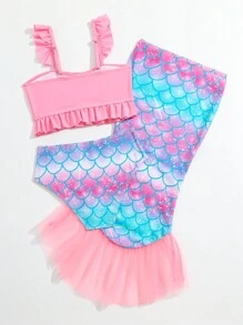 SHEIN Young Girl Fish Scales Print Ruffle Trim Bikini Set With Beach Skirt Summer Beach - Pink - View 2