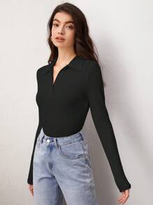 SHEIN BASICS Solid Ribbed Knit Tee - Black - View 6