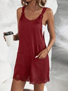 SHEIN LUNE Laser Cut Scallop Trim Dual Pocket Scallop Trim Cami Romper - Burgundy - View 6