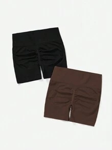 SHEIN Sports 2入組實色褶皺前短褲彈性布料 - 彩色 - 查看 3