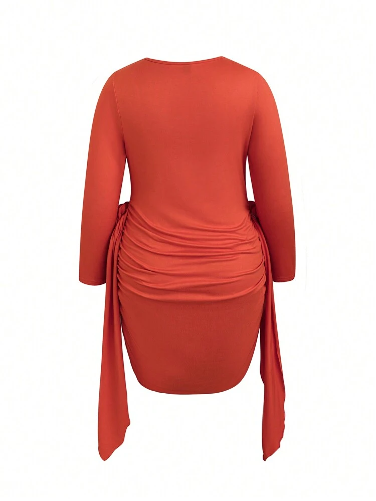Plus Solid Knot Side Ruched Bodycon Dress Fall Cloth For Women