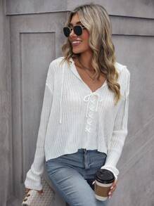 SHEIN Clasi Slouchy Front Tied Hooded Cardigan With Drop Shoulder - White - View 5