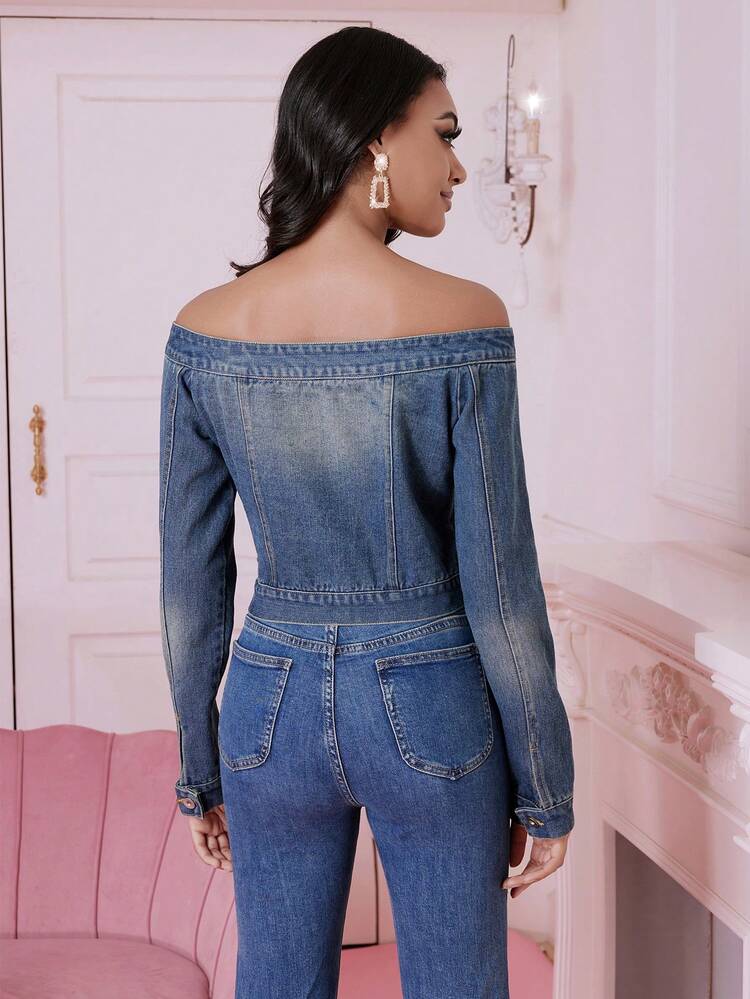 Off Shoulder Button Front Denim Jacket