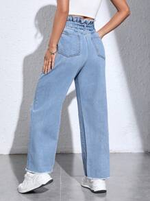 SHEIN EZwear 紙袋腰破洞毛邊腰帶直筒牛仔褲 - 中等水洗藍 - 查看 2