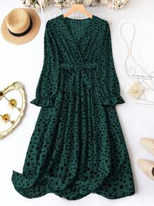 SHEIN Clasi Plus Dalmatian Print Flare Sleeve Belted Dress - Dark Green - View 1