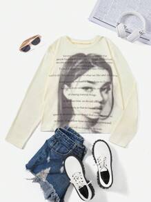 SHEIN EZwear Plus Slogan & Figure Graphic Tee - Beige - View 1