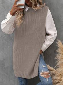 EMERY ROSE 1pc Split Hem Sweater Vest - Khaki - View 5