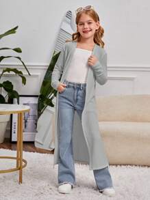 SHEIN 女大童素色開門襟長款外套 - 淺灰色 - 查看 5