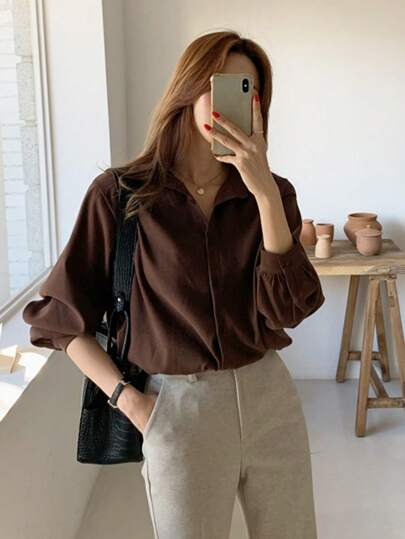 DAZY 女士纯色长袖单排扣休闲宽松衬衫、商务休闲、长袖上衣