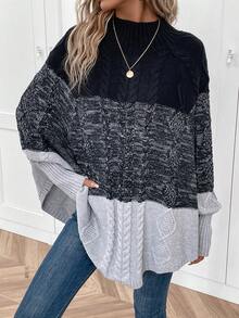 SHEIN LUNE Poncho de color combinado de manga murciélago tejido de cable - Blanco y Negro - Ver 3